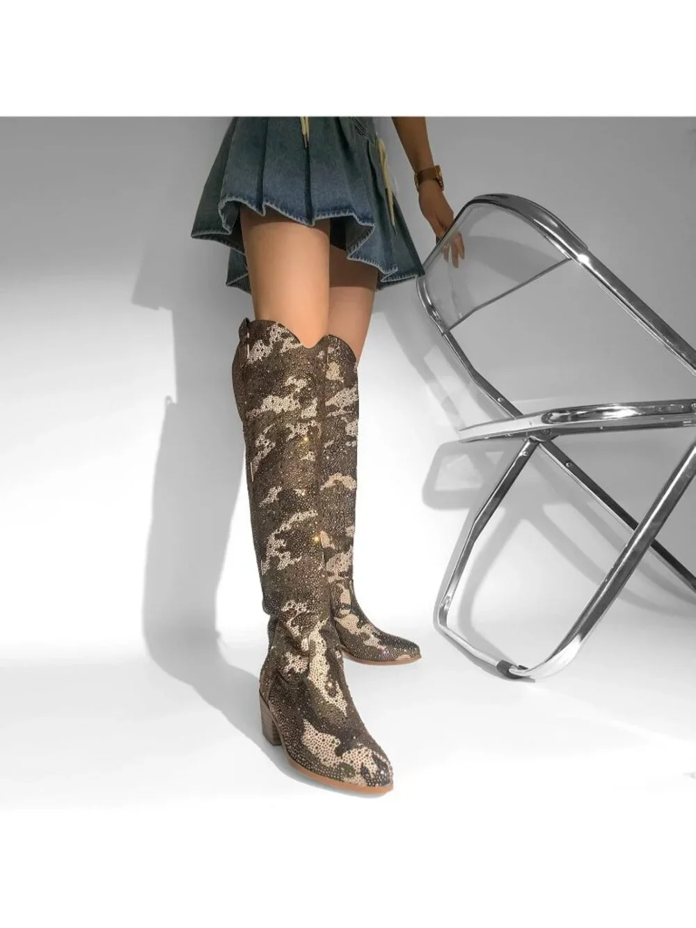 🆕 Women's Camouflage Embroidered Rhinestones Western Wide Calf Cowboy Boots